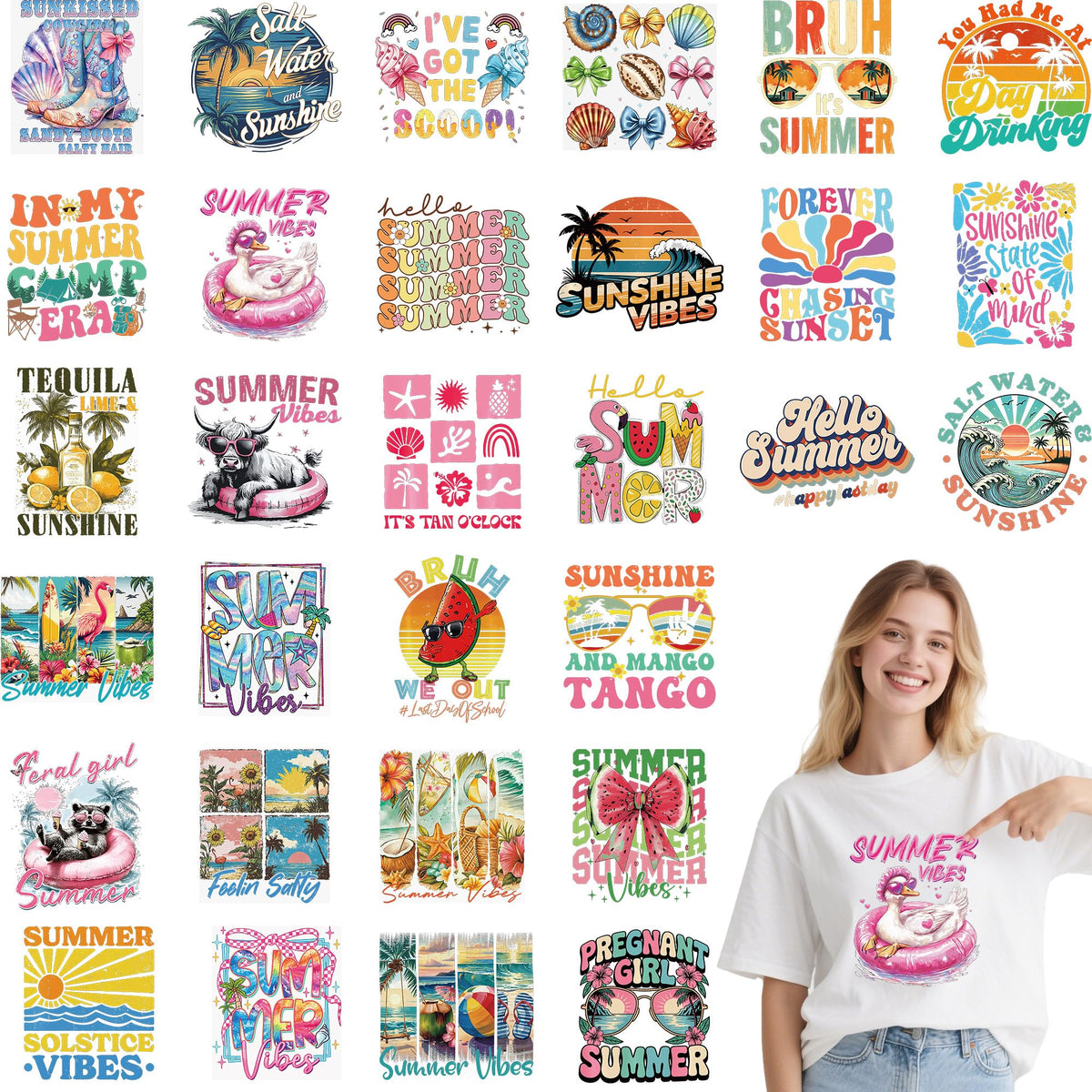 MOIZYNG 30 Sheets Summer Iron on Transfers for T-Shirts, Beach Vacation DTF Transfers Ready to Press Heat Transfers Vinyl, Retro Iron on Patches for Clothes Bag Pillow Covers DIY Crafts