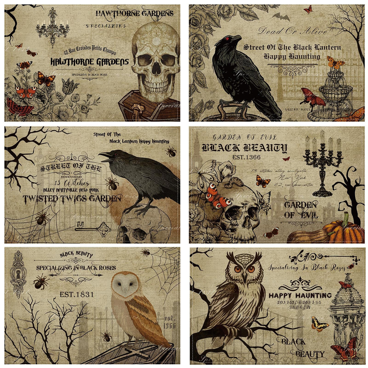 Umigy 6 Pcs Halloween Placemats 12"x18" Gothic Bat Placemats Kitchen Decoration Washable Witch Place Mats Rectangle Skull Table Mats for Halloween Dining Table Accessories(Poster Style)