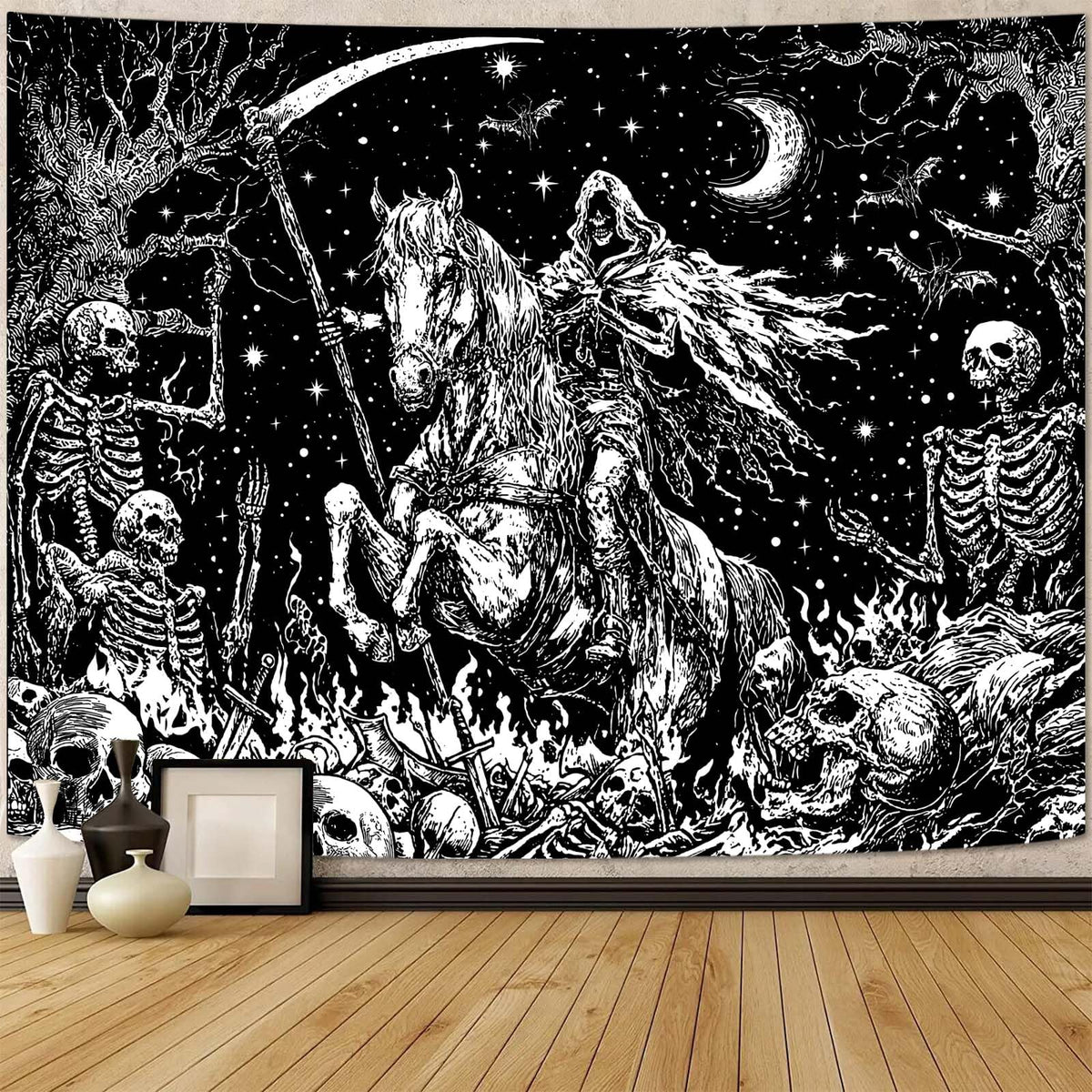 Lifeella Gothic Skeleton Tapestry, Horror Moon Skull Dark Death Grim Reaper Wall Art for Bedroom Grunge Room Decor, Black and White 44x60 inches