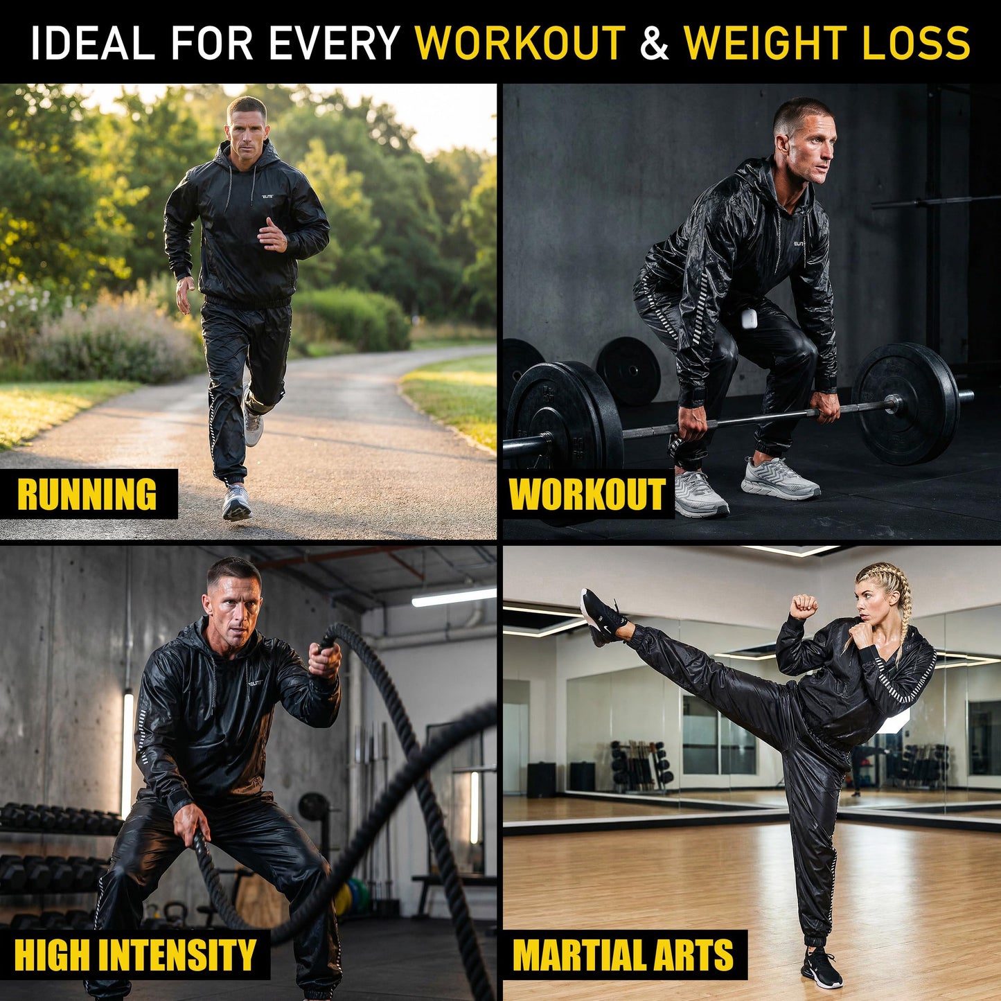 Elite Sports Sauna Suit for Weight Loss Men & Women Boxing MMA Wrestlers Gym Sweat Hoodie Sauna Suits Wrap Full Body Workout (Black, X-Large)
