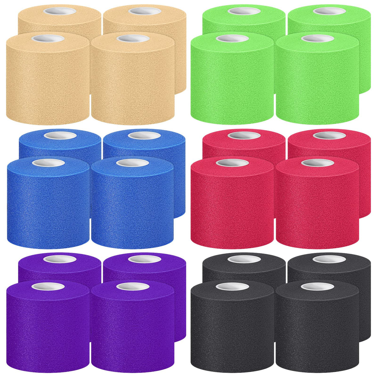 Nuanchu 24 Pieces Wrap Athletic Tape 2.75 Inches x 30 Yards Athletic Foam Underwrap Tape for Hair Soccer Sport Pre Wrap Ankles Wrists Hands and Knees(Black, White, Beige, Rose Red, Lime Green, Blue)