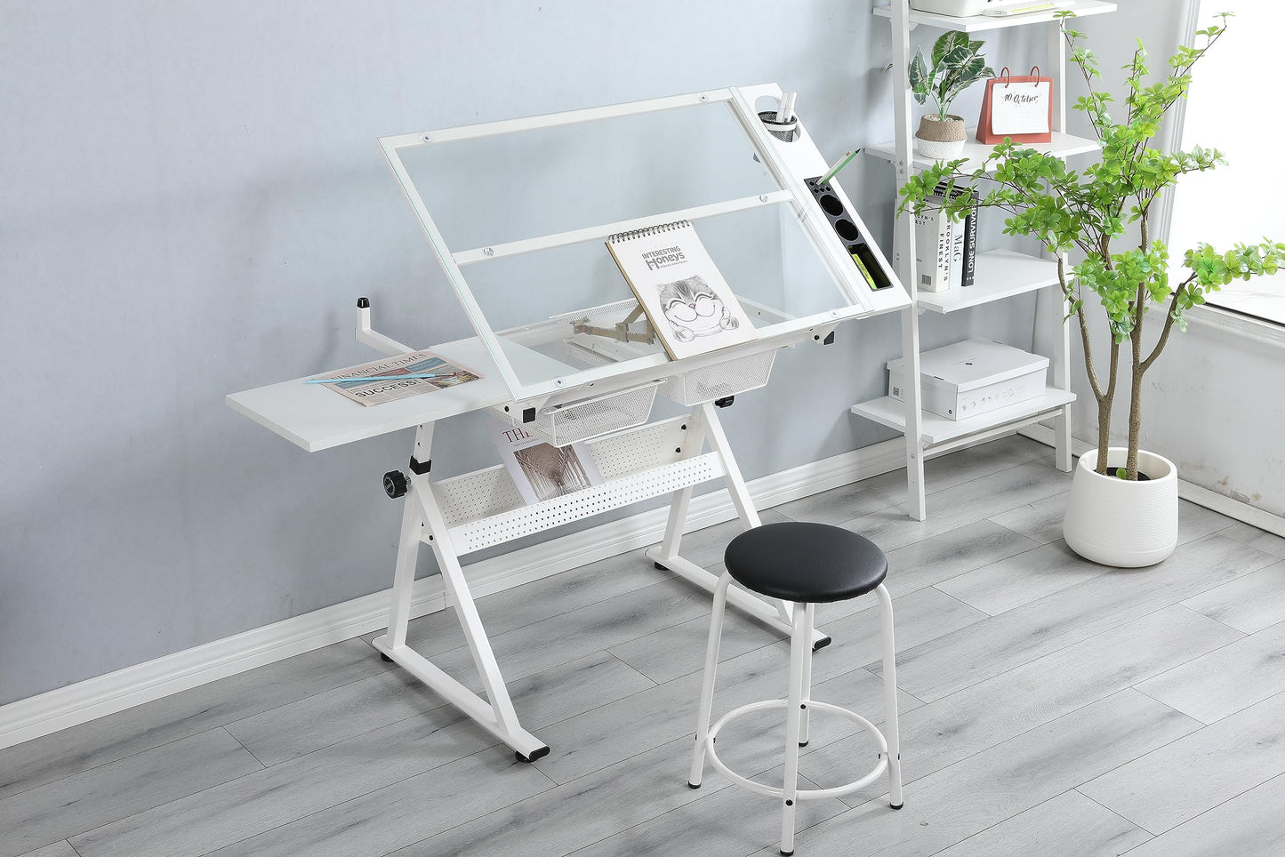 White Drafting Table & Stool Set, Height Adjustable Artist Stool and Craft Table, Drawing Desk, for Writing, Artwork, Artists Studio, Drafting Table & Stool Set, Artist Drafting Chair and Craft Table