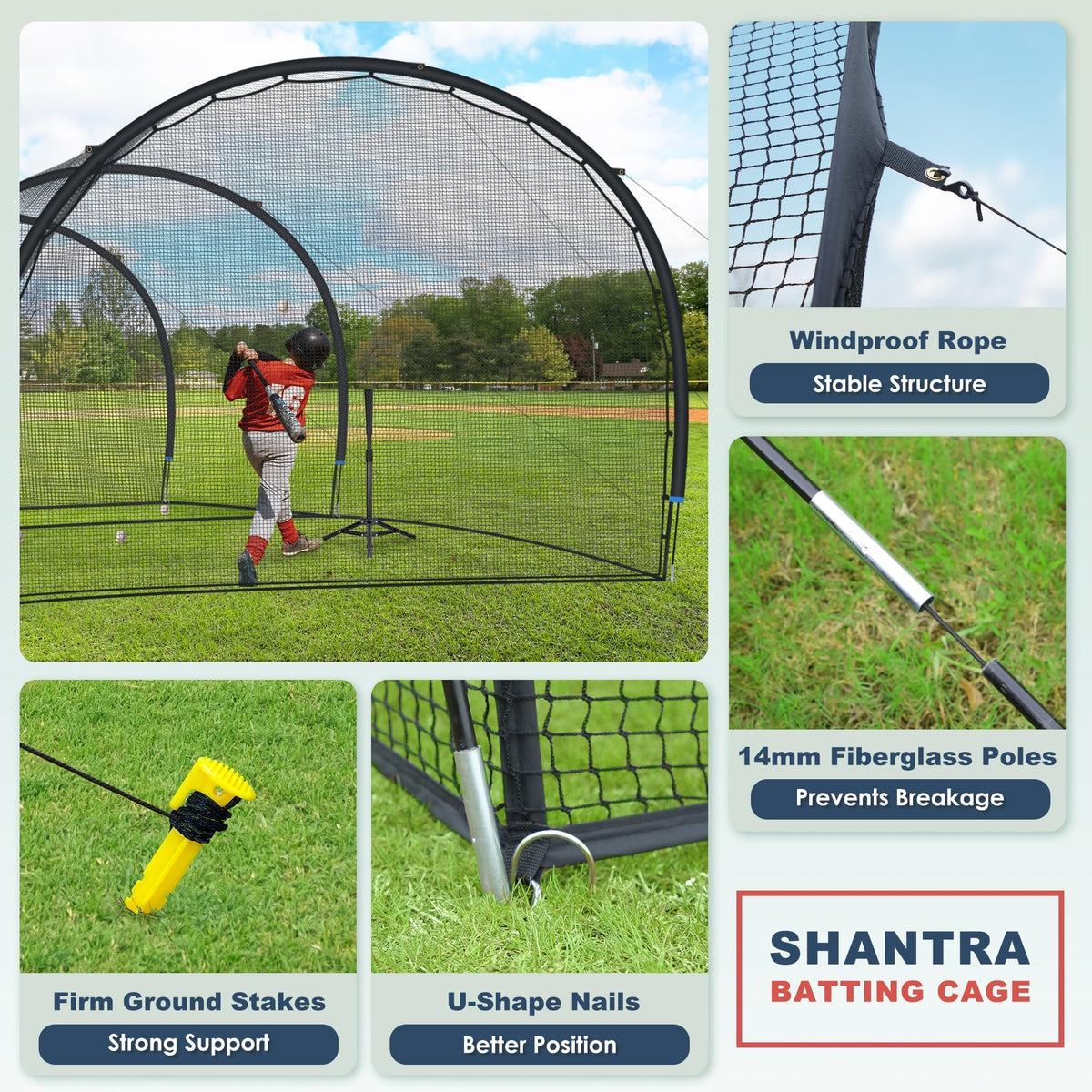 SHANTRA Batting Cage with Frame and Net, 13ft & 22ft Baseball Batting Cage for Backyard, Baseball & Softball Hitting Cage Netting for Outdoor Hitting & Pitching Practice,22×13×9ft