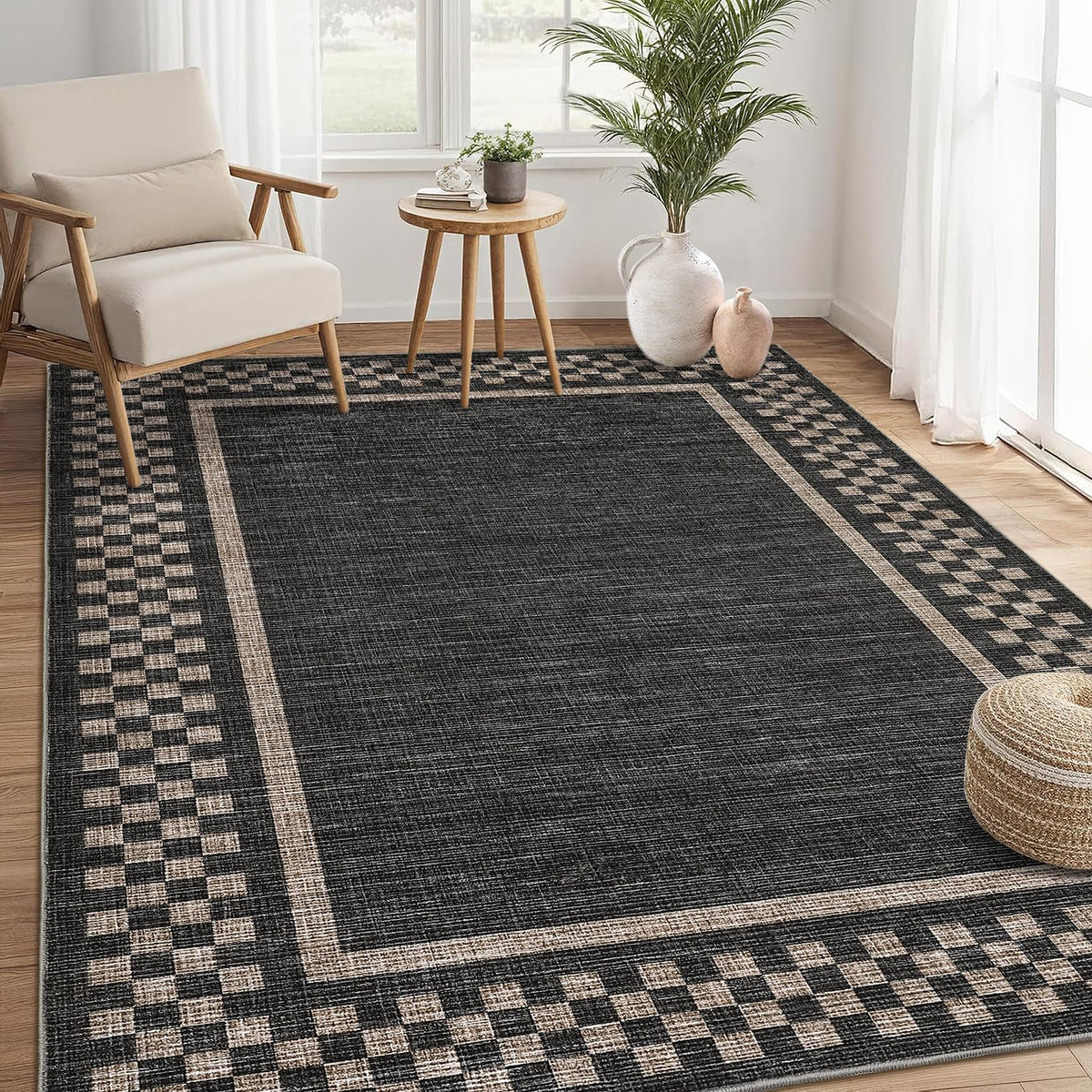Small Bedroom Area Rug 3x5 Checkered Area Rug for Living Room Nursery Non Slip Kitchen Throw Carpet Low Pile Modern Bordered Rugs Washable Bathroom Mat Soft Brown Rugs for Laundry Entryway, Black