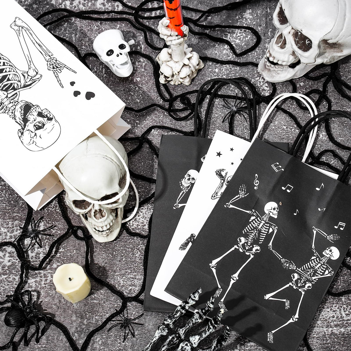 Whaline Halloween Skull Paper Gift Bags Black White Funny Dancing Skeleton Goodie Candy Treat Bag Skull Theme Handbags for Halloween Trick or Treat Party Favor Supplies, 16Pcs