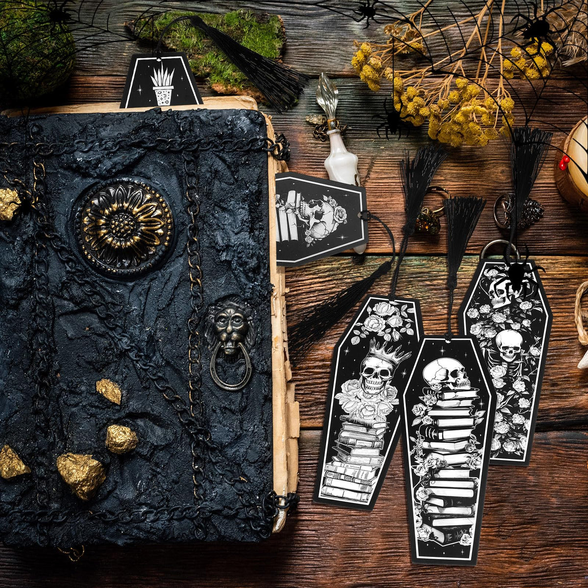 Kolldenn 120 Pcs 12 Styles Halloween Gothic Skeleton Coffin Bookmarks Double Sided Book Tracker Skull Horror Bookmark Gothic Book Marker with Black Tassels for Reading Lovers Gifts Accessories