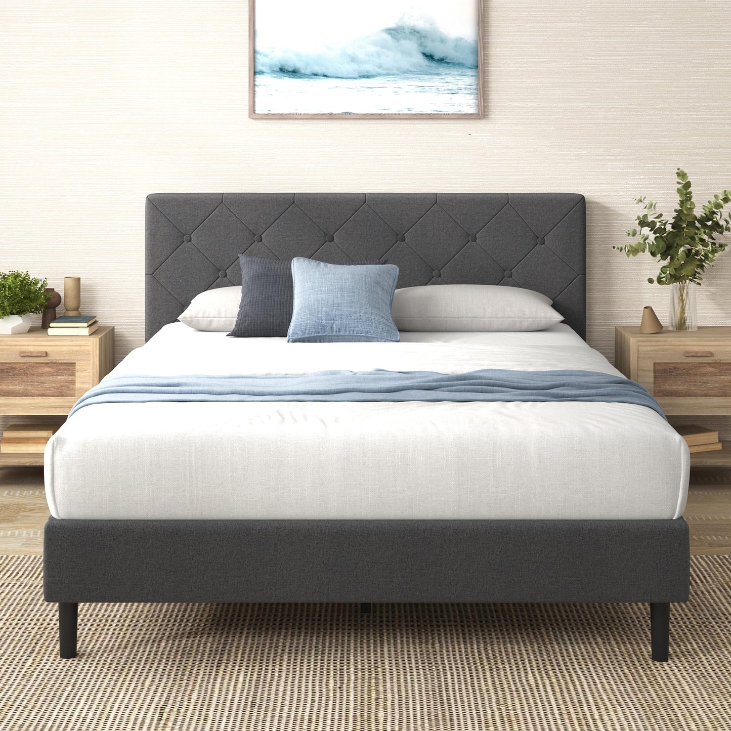 Zinus King Shalini Upholstered Platform Bed Frame with Headboard [New WonderBox(TM) Version], Wooden Slat Support, No Box Spring Needed, Easy Assembly, Eco Friendly Packaging, Dark Grey