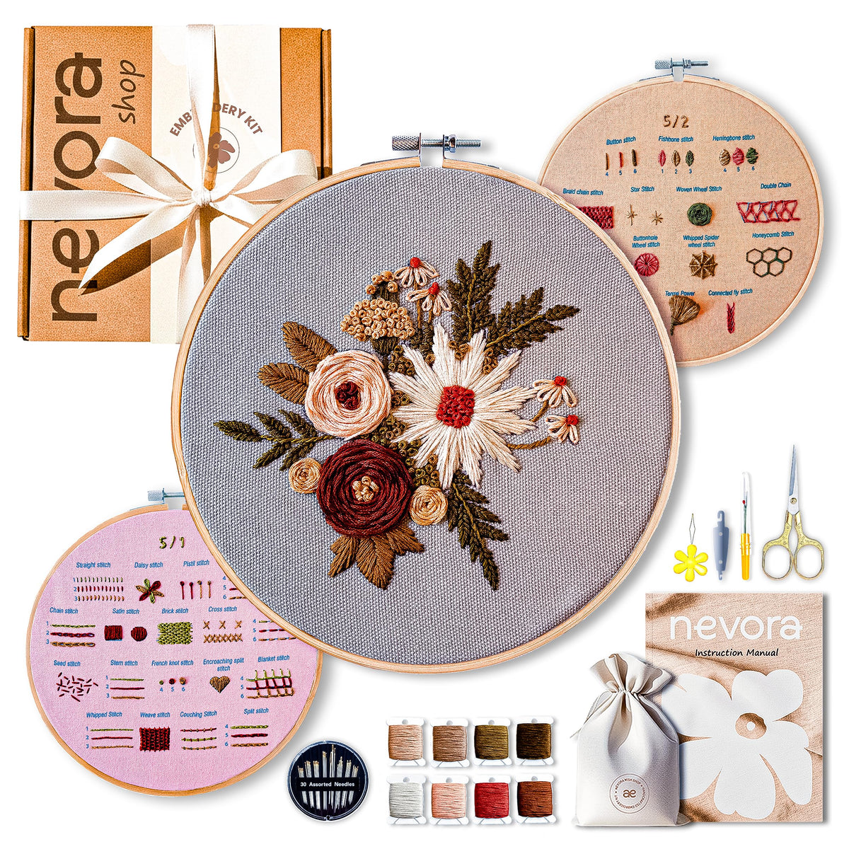 nevora shop 3 Hoop Embroidery Kit for Beginners Adults - Learn 32 Stitches with 3 Progressive Projects, Stamped Patterns, Video Tutorial & Free Organizer Bag.