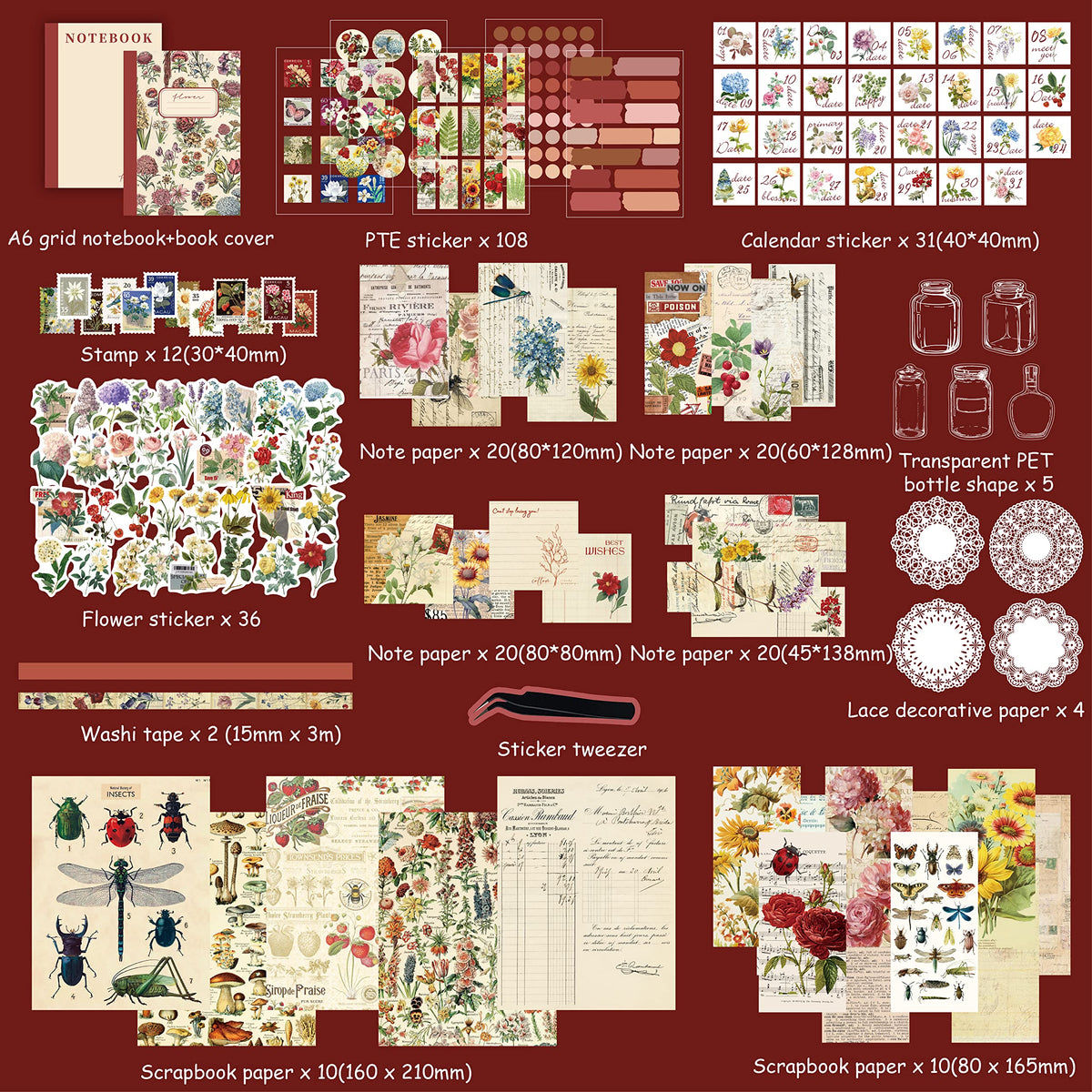 emmoolife Vintage Aesthetic Scrapbooking Supplies Kit, Flowers Botanical Bullet Junk Journal Kit with Journaling Supplies, Tweezers, A6 Grid Notebook,Stationery,Sticker, Birthday Craft Gift for Adult