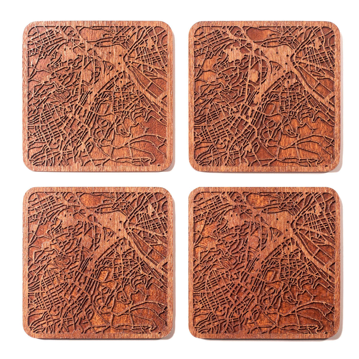 Stuttgart Map Coaster by O3 Design Studio, Set Of 4, Sapele Wooden Coaster With City Map, Handmade